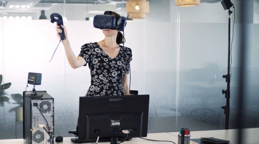 woman browsing the metaverse with a virtual reality headset